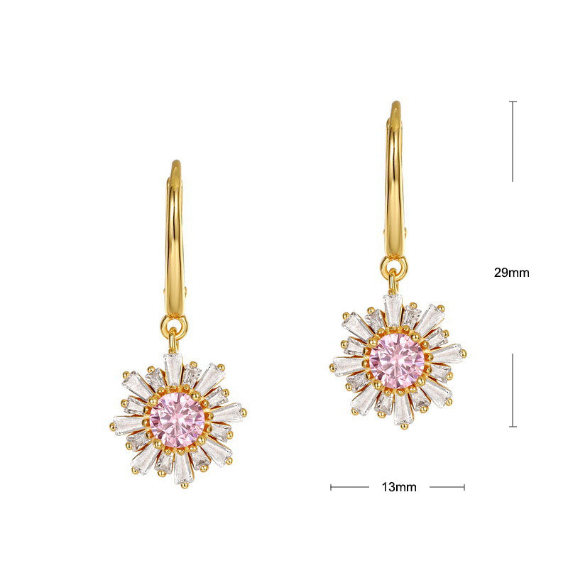 S925 Sterling Silver Jewelry Earrings Pink Zircon Gemstone Sunflower Style Fashion Earrings