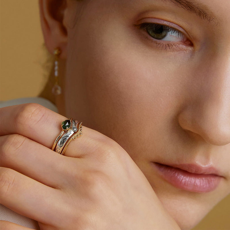 S925 Sterling Silver Jewelry Ring Natural Green Agate Gemstone Simple Luxury Stacking Rings