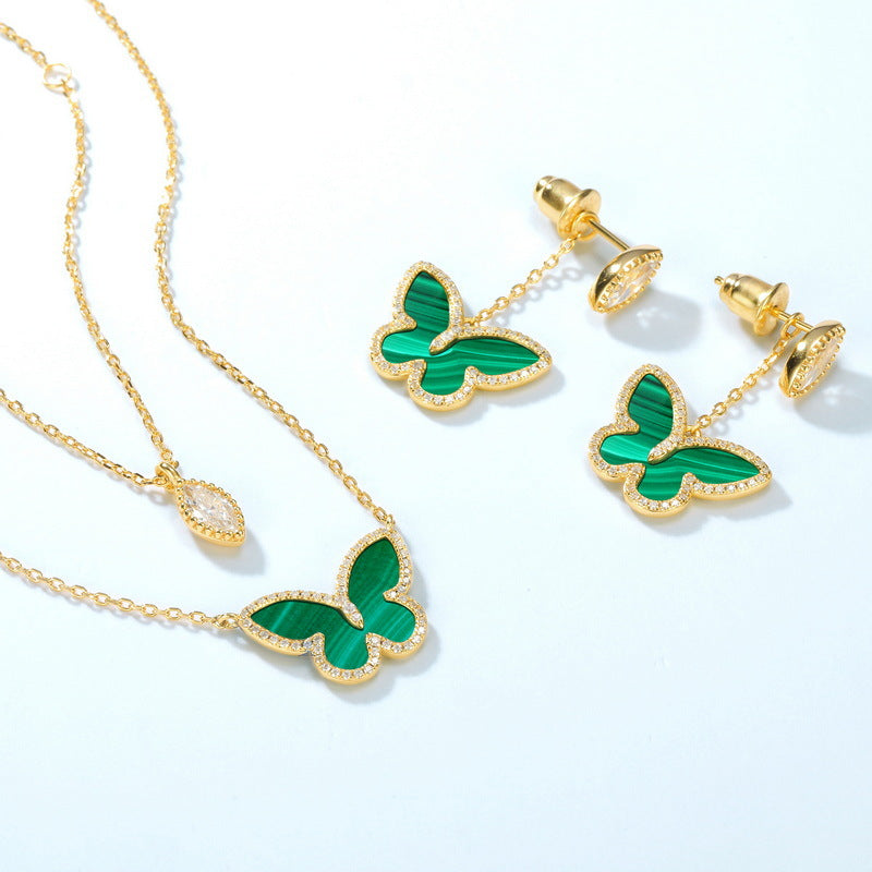 S925 Sterling Silver Jewelry Earrings Natural Malachite Gemstone Butterfly Style Drop Earrings