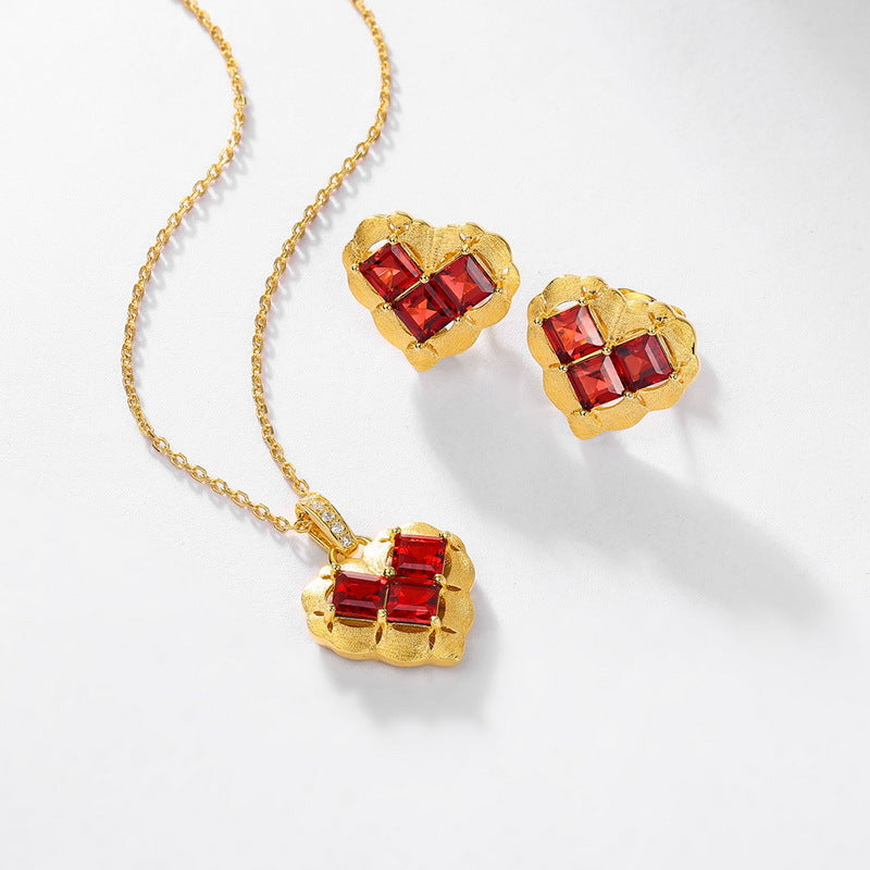 S925 Sterling Silver Jewelry Earrings Natural Garnet Gemstone Brushed Finish Heart Style Earrings