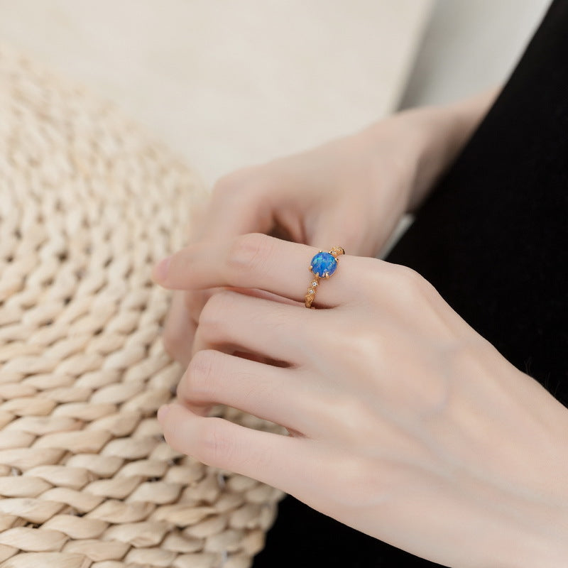 S925 Sterling Silver Jewelry Rings Blue Opal Gemstone Classical Style Refined Rings
