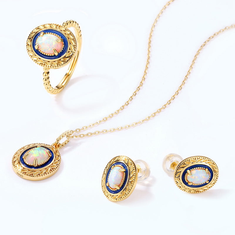 S925 Sterling Silver Jewelry Opal Gemstone Enamel Craft Vintage Style Luxury Earrings