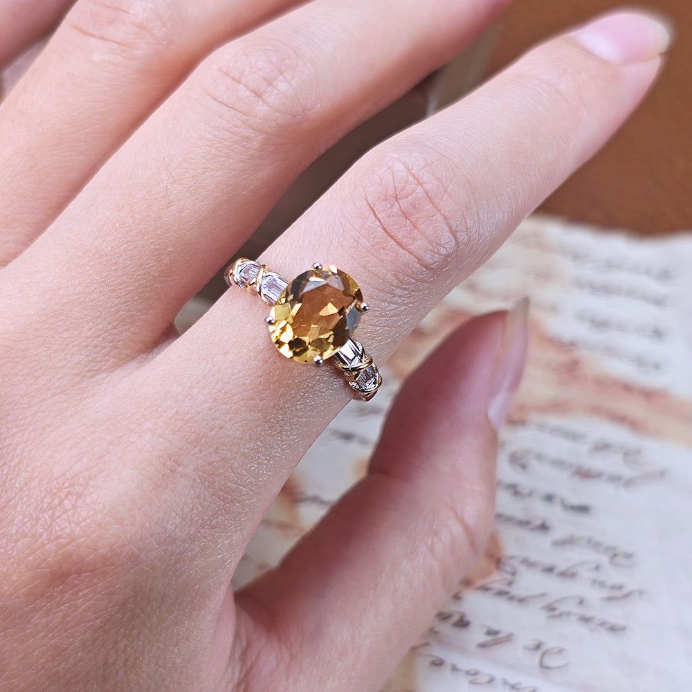 S925 Sterling Silver Jewelry Ring Natural Citrine Gemstone Oval Style Simple Luxury Rings