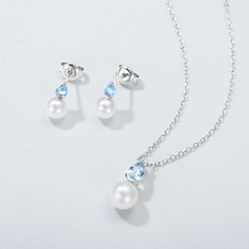 S925 Sterling Silver Jewelry Earrings Natural Freshwater Pearl Aquamarine Gemstone Earrings