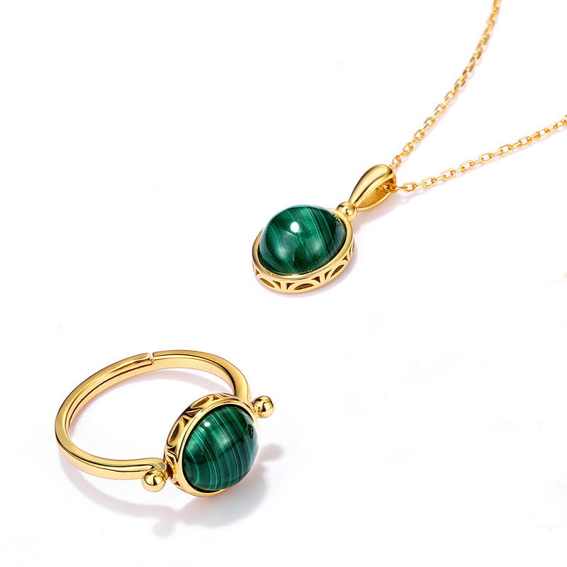S925 Sterling Silver Jewelry Ring Natural Malachite Gemstone Gold Plating Simple Luxury Rings