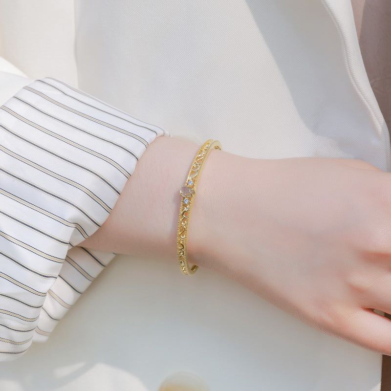 S925 Sterling Silver Jewelry Bangle Natural Labradorite Gemstone Hollow Out Design Open Bangles