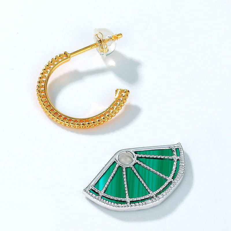 S925 Sterling Silver Jewelry Earrings Natural Malachite Gemstone Sector Style Detachable Earrings