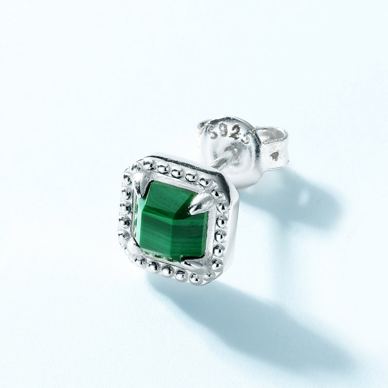 S925 Sterling Silver Jewelry Earrings Natural Malachite Gemstone Asymmetric Earrings