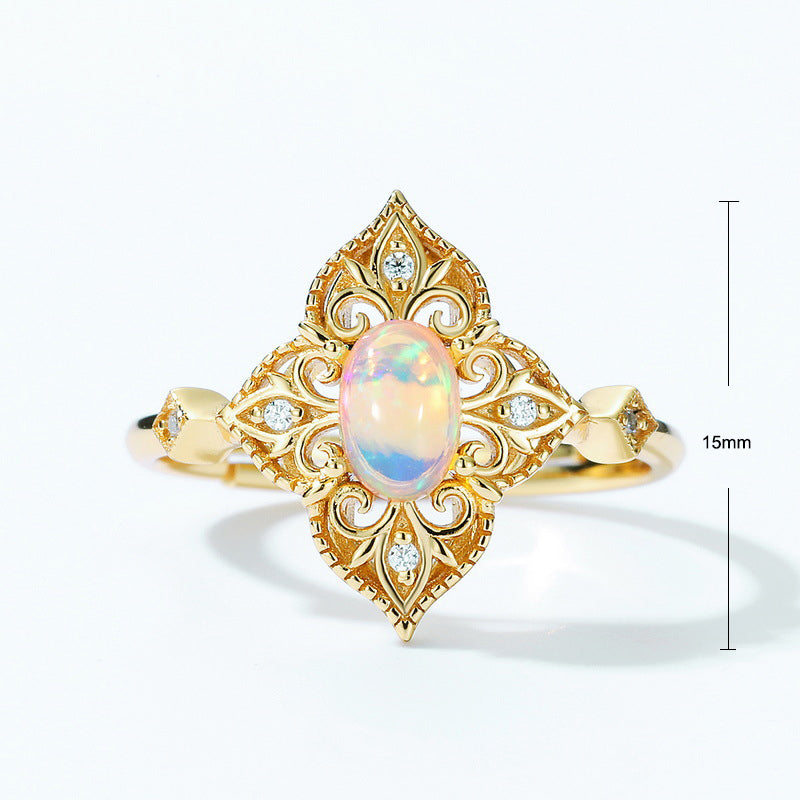 S925 Sterling Silver Jewelry Ring Natural Opal Gemstone Floral Lace Style Luxury Rings