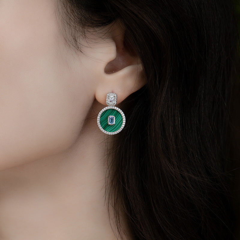 S925 Sterling Silver Jewelry Earrings Natural Malachite Gemstone Luxury Drop Earrings