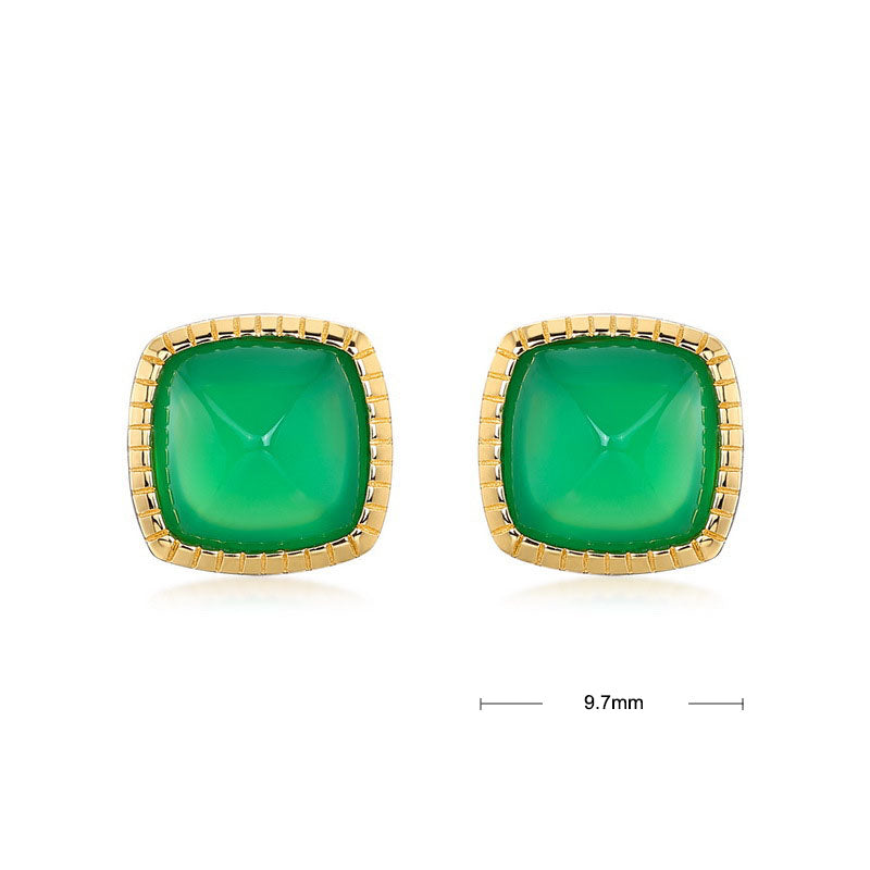 S925 Sterling Silver Jewelry Earrings Natural Green Agate Gemstone Square Style Stud Earrings