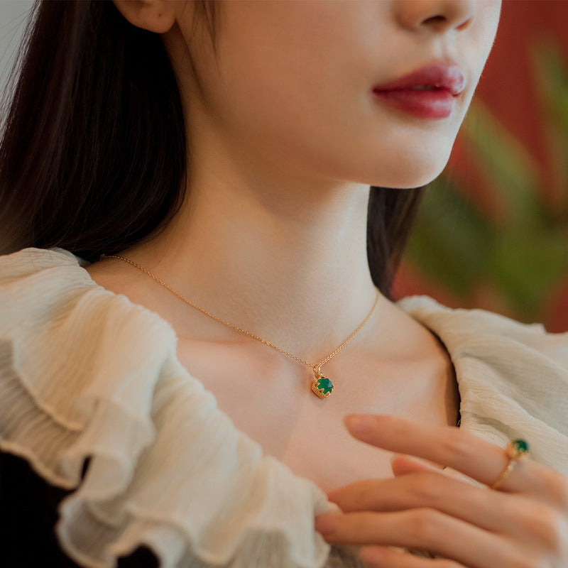 S925 Sterling Silver Jewelry Pendants Natural Green Agate Gemstone Fashion Necklace Charms