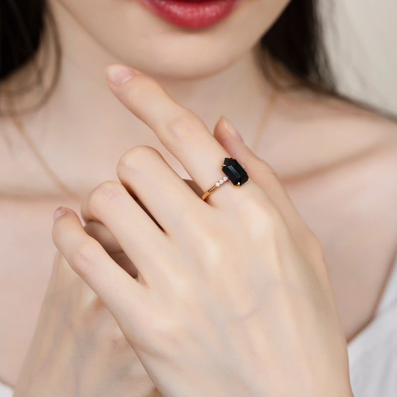 S925 Sterling Silver Jewelry Ring Natural Black Onyx Gemstone Irregular Style Rings