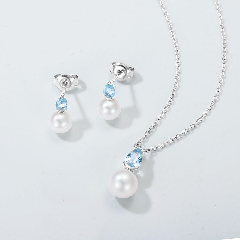S925 Sterling Silver Jewelry Necklace Natural Freshwater Pearl Aquamarine Gemstone Charms Necklaces