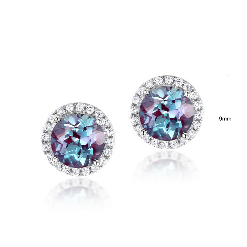 S925 Sterling Silver Jewelry Earrings Alexandrite Gemstone Round Style Stud Earrings