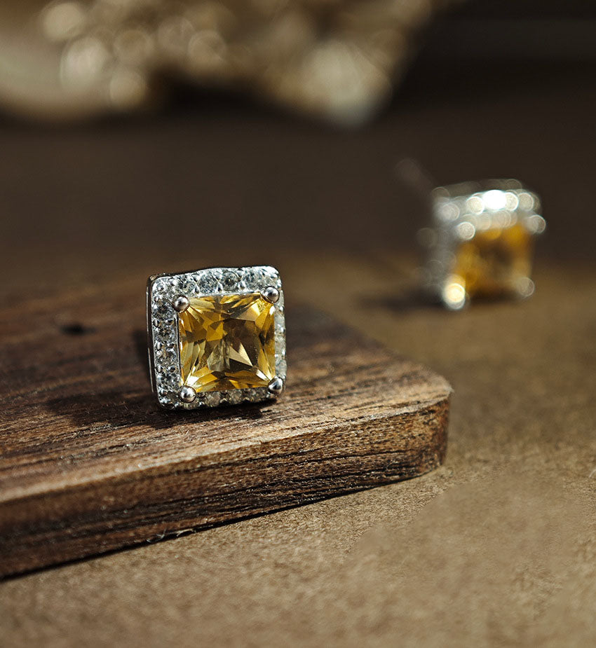 S925 Sterling Silver Jewelry Earrings Natural Citrine Gemstone Square Style Stud Earrings