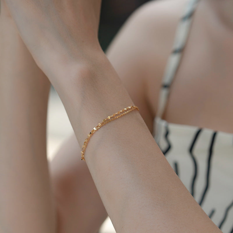 S925 Sterling Silver Jewelry Chain Gold Plating Double Layers Floral and Cross Chain Bracelet