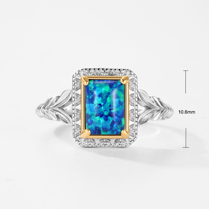 S925 Sterling Silver Jewelry Ring Blue Opal Gemstone Vintage Square Style Rings