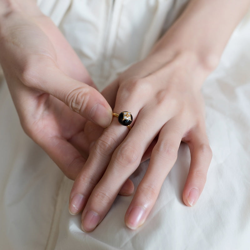 S925 Sterling Silver Jewelry Ring Natural Black Onyx Gemstone Lucky Clover Style Rings