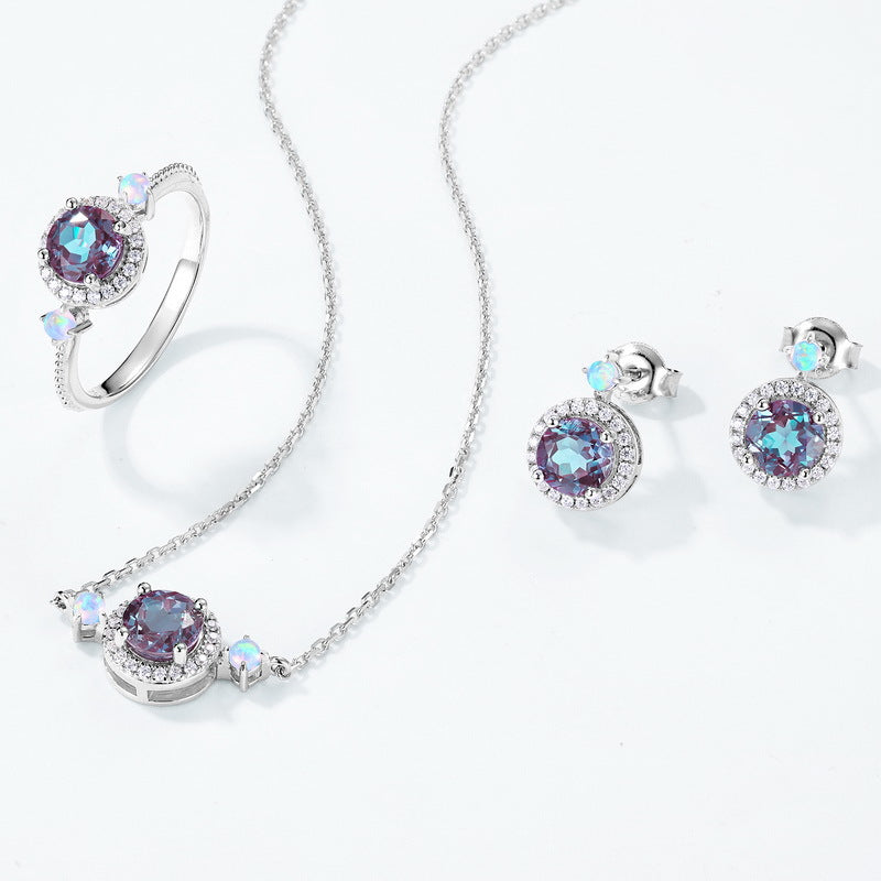 S925 Sterling Silver Jewelry Earrings Alexandrite Gemstone Round Style Stud Earrings