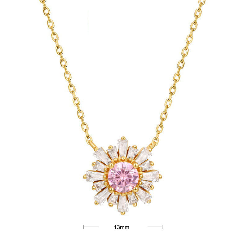 S925 Sterling Silver Jewelry Necklace Pink Zircon Gemstone Sunflower Style Charms Necklace