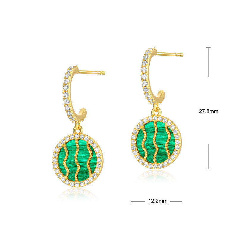 S925 Sterling Silver Jewelry Earrings Natural Malachite Gemstone Round Style Drop Earrings