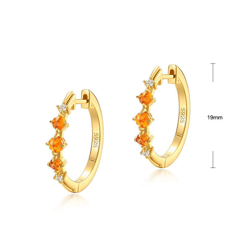 S925 Sterling Silver Jewelry Earrings Natural Orange Garnet Gemstone Fashion Hoop Earrings