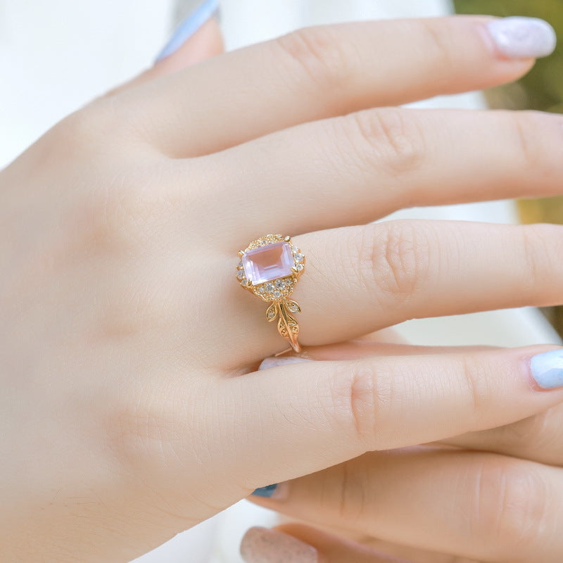S925 Sterling Silver Jewelry Ring Natural Rose Quartz Gemstone Leaf Style Simple Luxury Rings