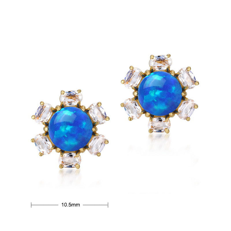 S925 Sterling Silver Jewelry Earrings Gold Plating Blue Opal Gemstone Floral Style Stud Earrings