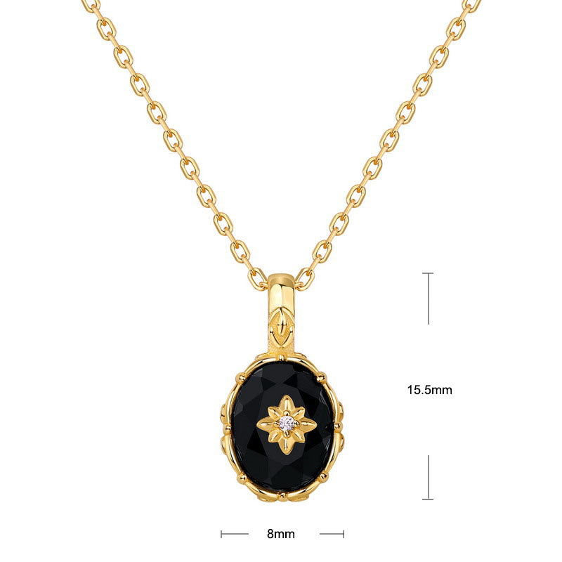 S925 Sterling Silver Jewelry Pendants Natural Black Onyx Gemstone Vintage Oval Necklace Charms