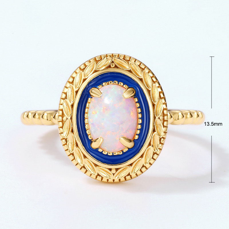 S925 Sterling Silver Jewelry Ring Opal Gemstone Enamel Craft Classic Vintage Style Rings