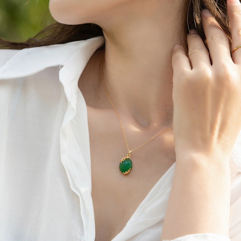 S925 Sterling Silver Jewelry Pendants Natural Green Agate Gemstone Fashion Necklace Charms