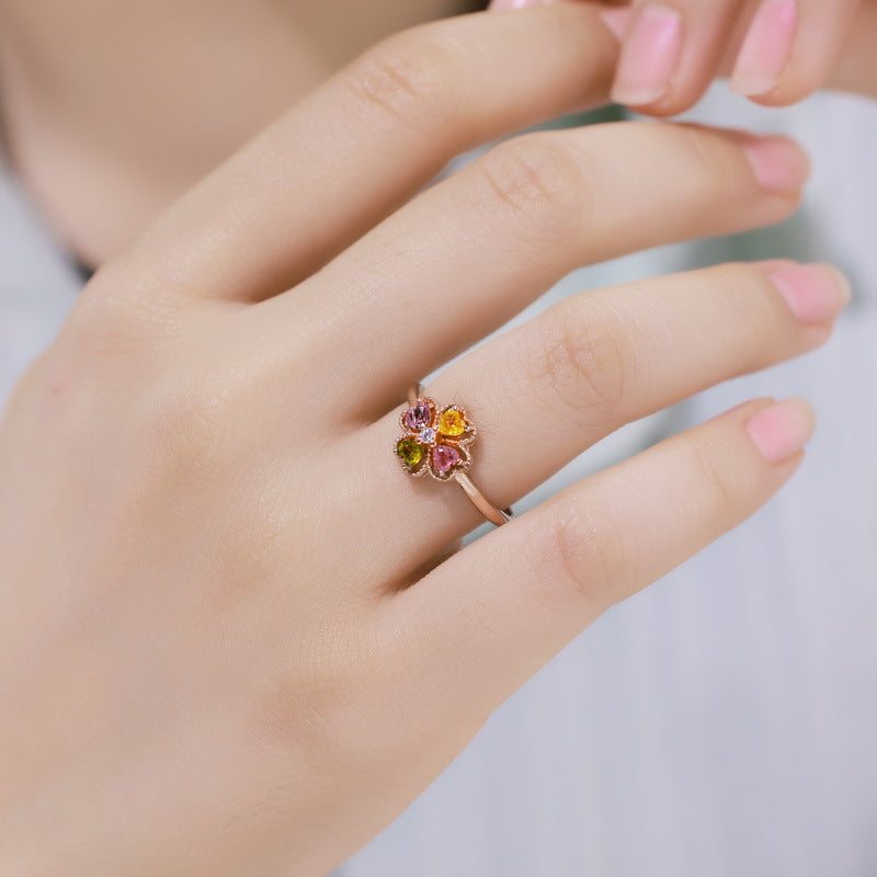 S925 Sterling Silver Jewelry Ring Natural Tourmaline Gemstone Floral Style Rings