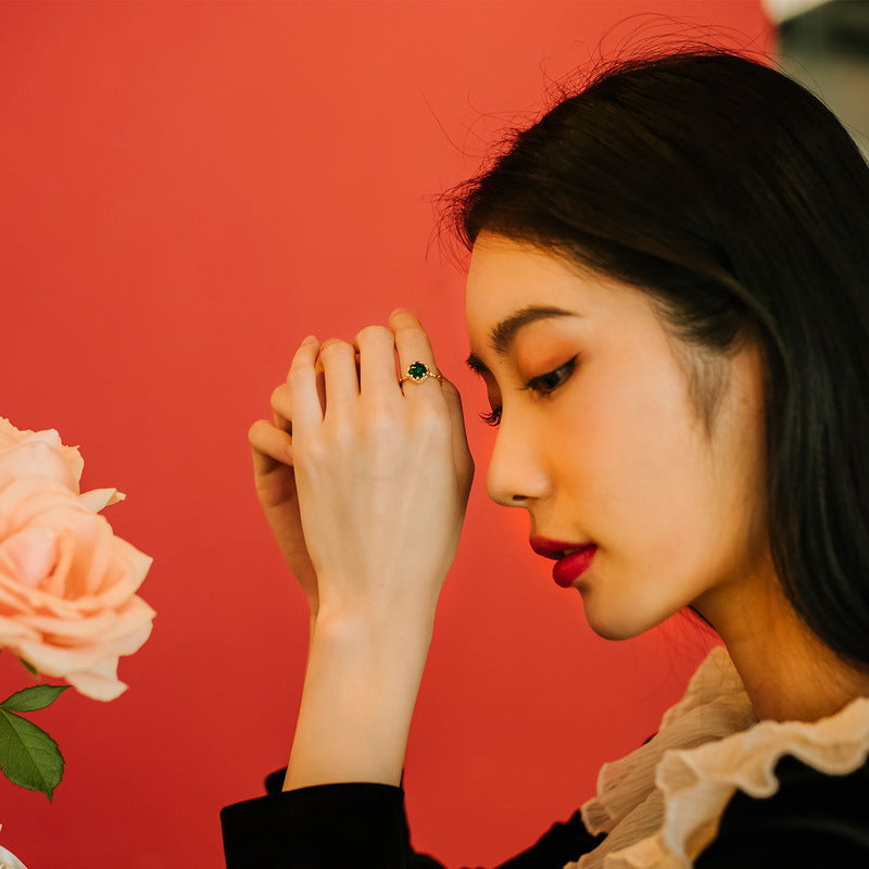 S925 Sterling Silver Jewelry Ring Natural Green Agate Gemstone Luxury Palace Style Rings