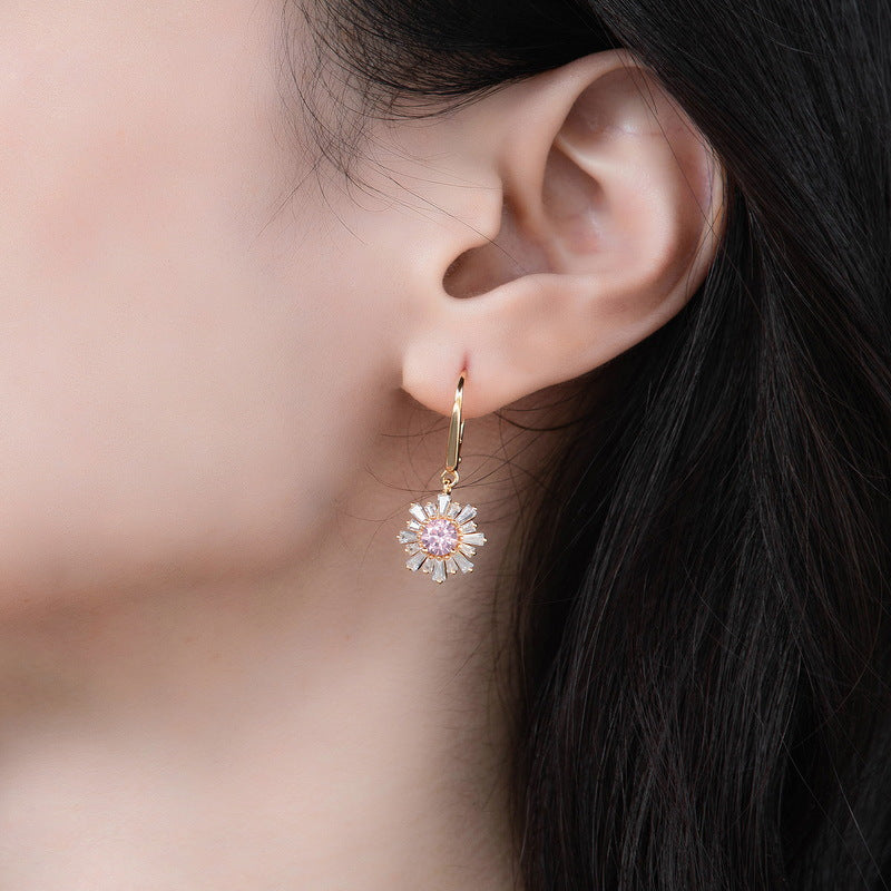 S925 Sterling Silver Jewelry Earrings Pink Zircon Gemstone Sunflower Style Fashion Earrings