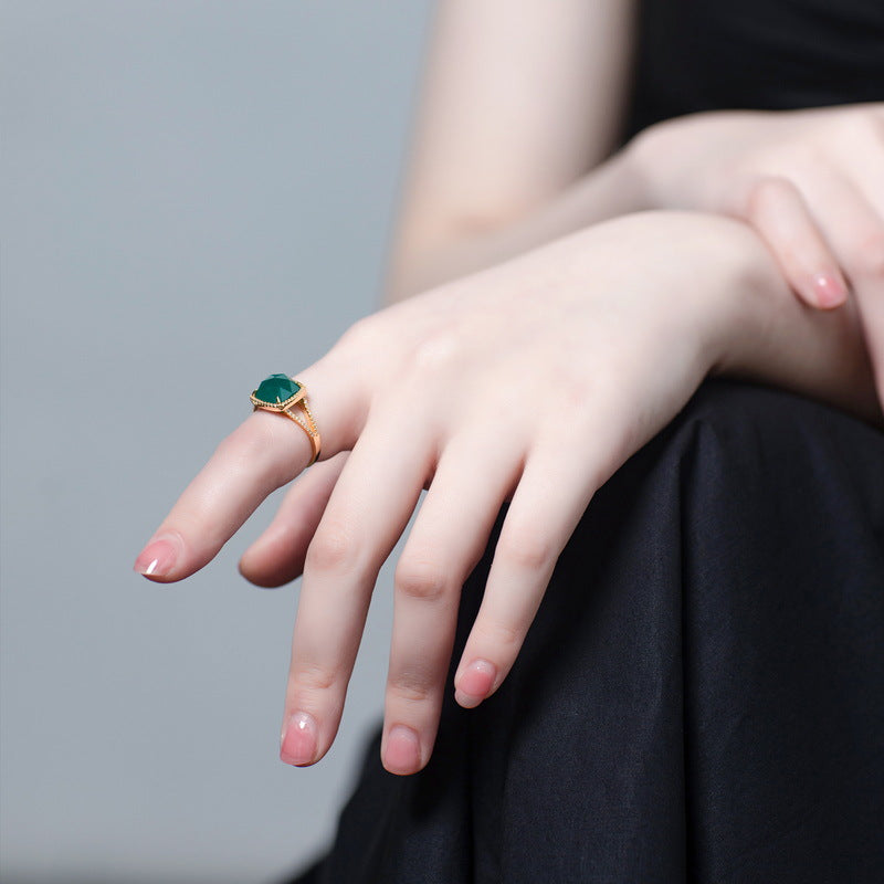 S925 Sterling Silver Jewelry Ring Natural Green Agate Gemstone Simple Luxury Charming Rings