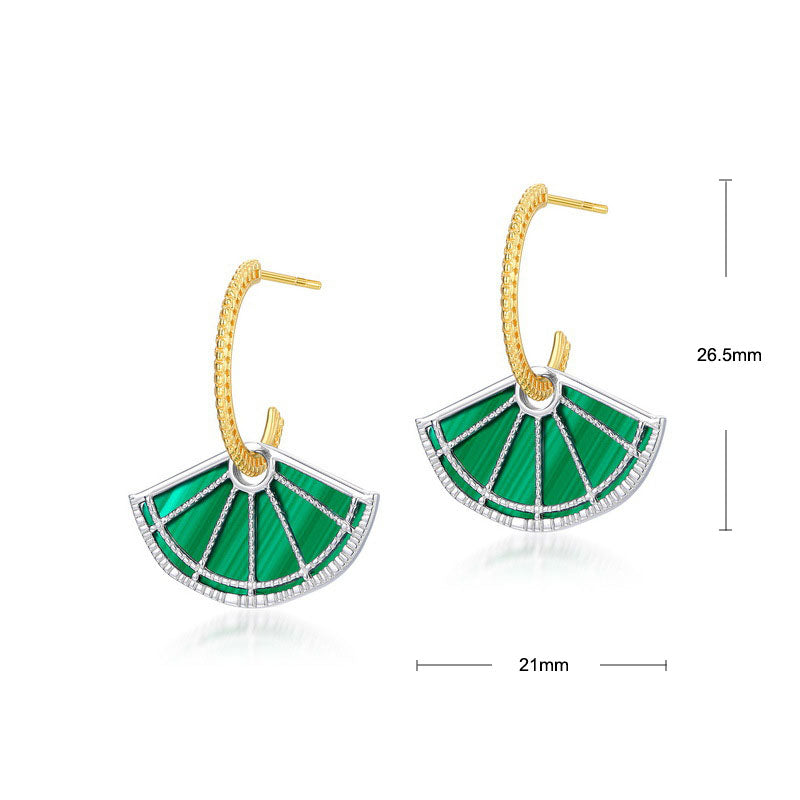 S925 Sterling Silver Jewelry Earrings Natural Malachite Gemstone Sector Style Detachable Earrings