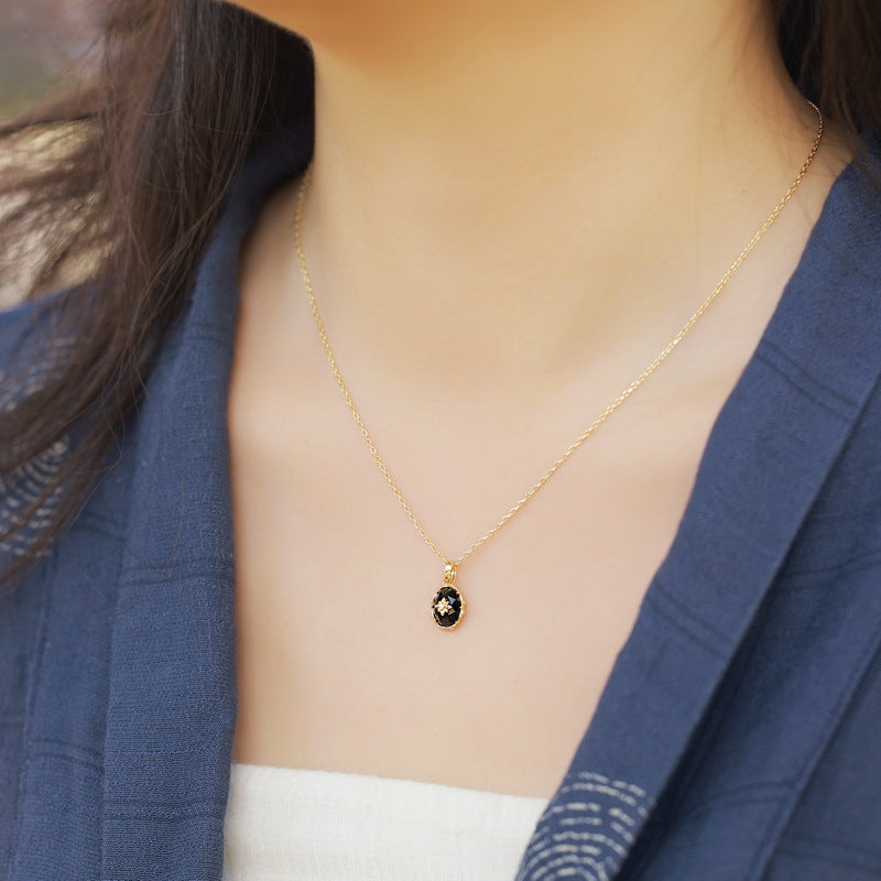 S925 Sterling Silver Jewelry Pendants Natural Black Onyx Gemstone Vintage Oval Necklace Charms