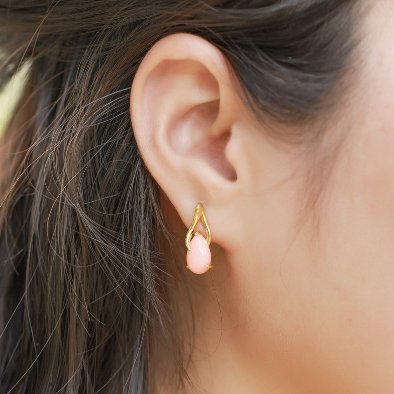 S925 Sterling Silver Jewelry Earrings Natural Pink Opal Gemstone Simple Luxury Earrings