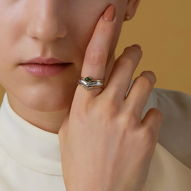 S925 Sterling Silver Jewelry Ring Natural Green Agate Gemstone Simple Luxury Stacking Rings