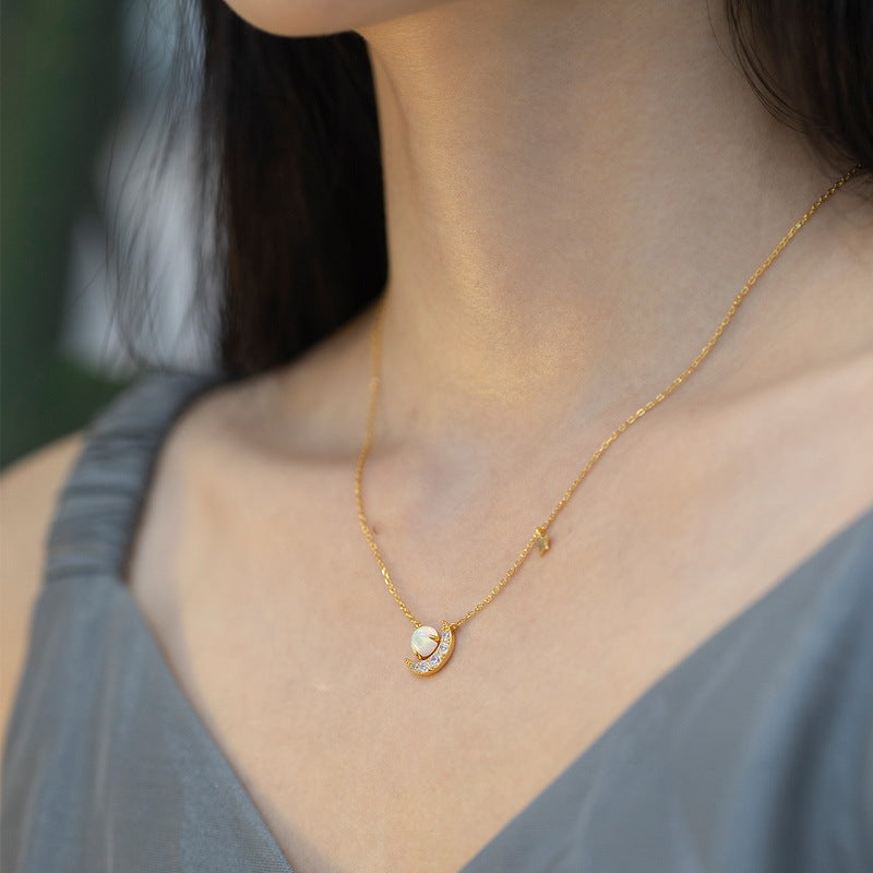 S925 Sterling Silver Jewelry Necklace Gold Plating Opal Gemstone Moon Style Necklace
