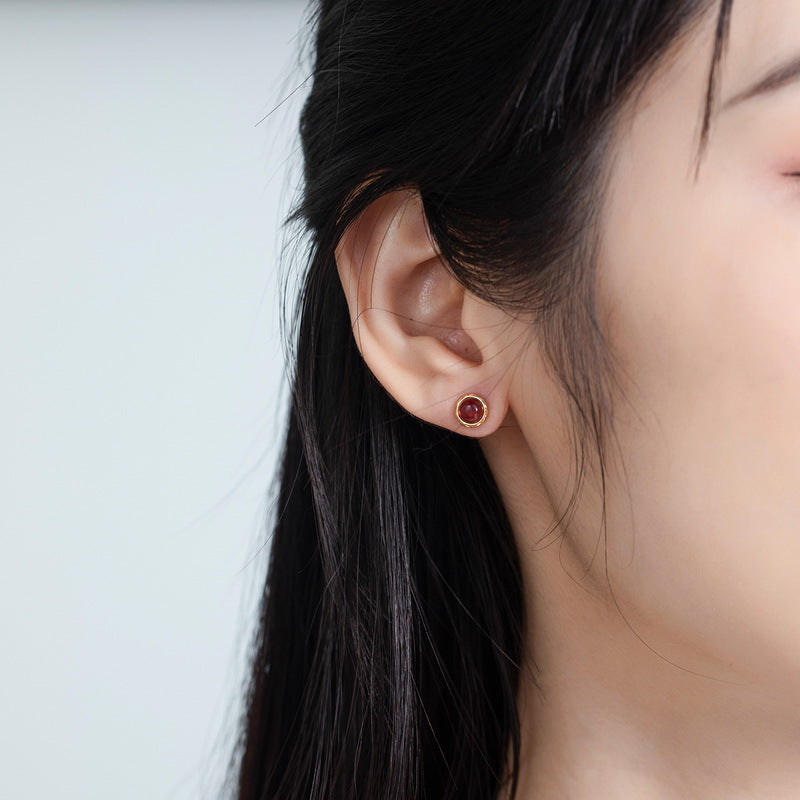 S925 Sterling Silver Jewelry Earrings Natural Mozambique Garnet Gemstone Stud Earrings