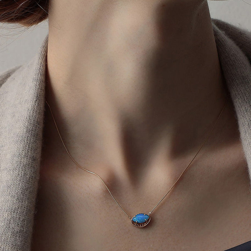S925 Sterling Silver Jewelry Necklaces Blue Opal Gemstone Mariquesa Style Charms Necklace