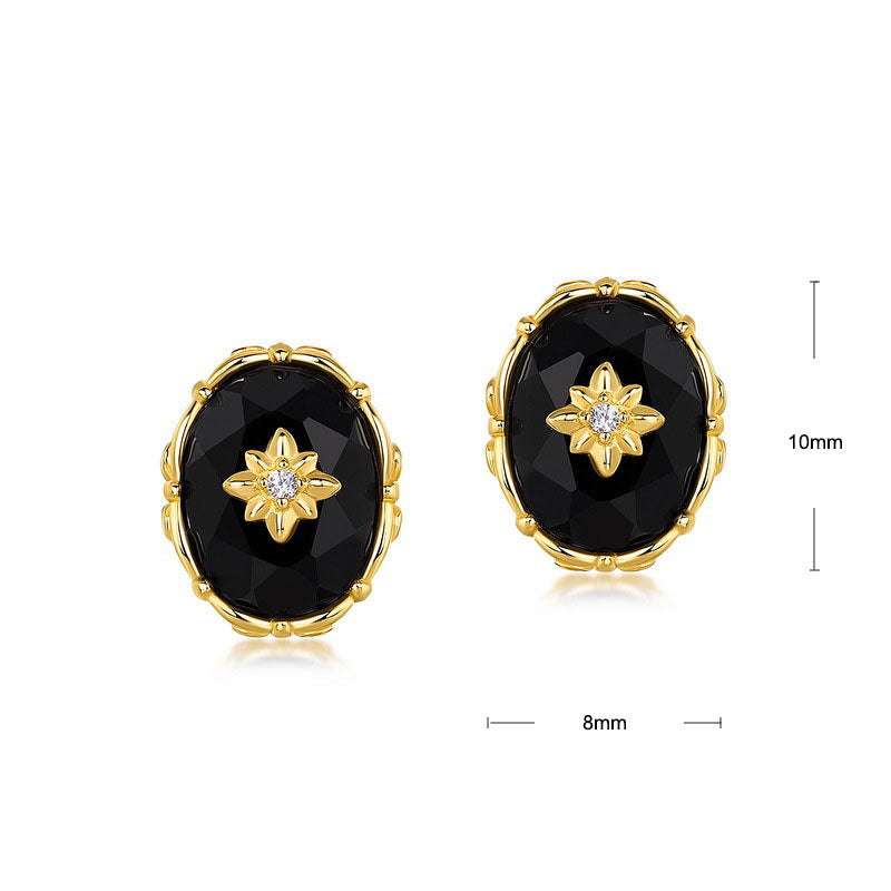 S925 Sterling Silver Jewelry Earrings Natural Black Onyx Gemstone Vintage Oval Stud Earrings