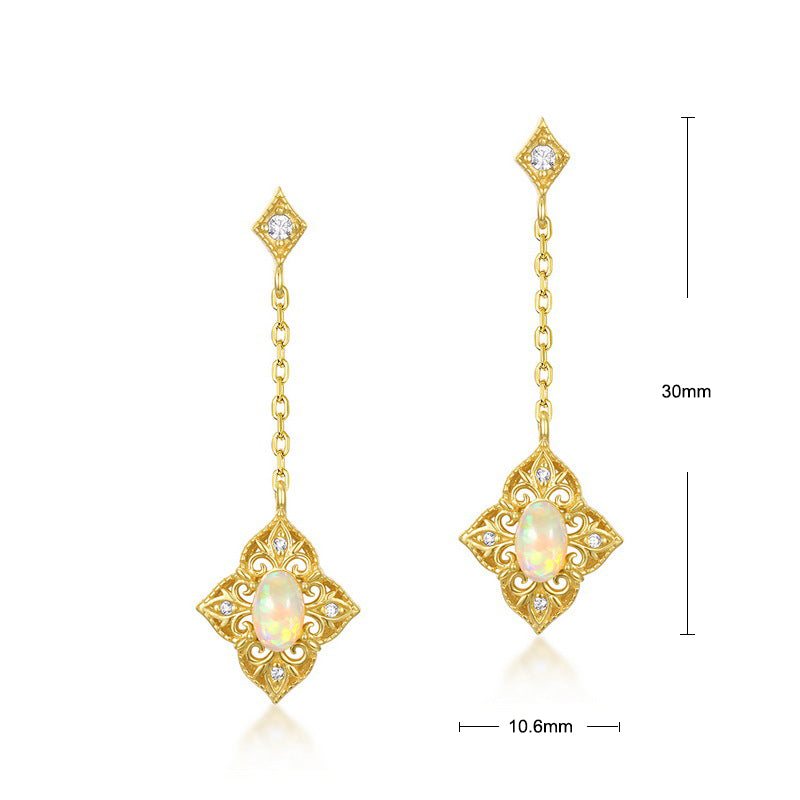 S925 Sterling Silver Jewelry Earrings Natural Opal Gemstone Floral Style Drop Earrings
