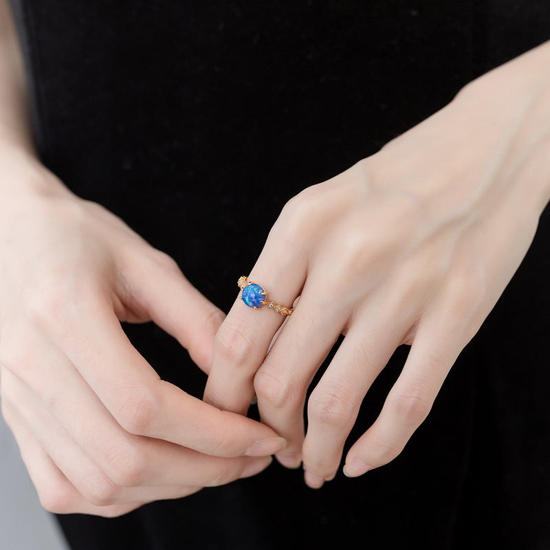 S925 Sterling Silver Jewelry Rings Blue Opal Gemstone Classical Style Refined Rings
