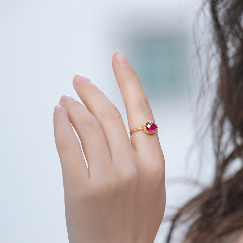 S925 Sterling Silver Jewelry Ring Red Corundum Gemstone Geometric Simple Luxury Rings