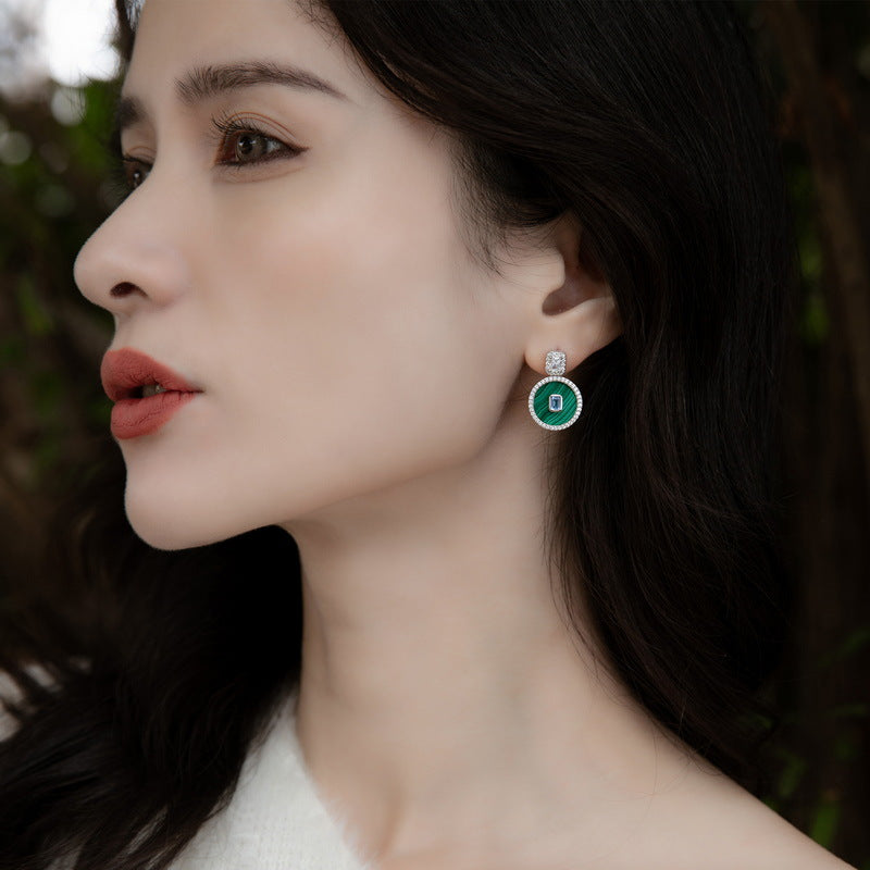S925 Sterling Silver Jewelry Earrings Natural Malachite Gemstone Luxury Drop Earrings