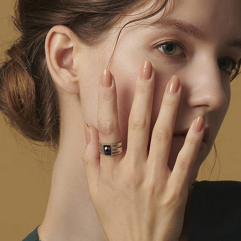 S925 Sterling Silver Jewelry Ring Natural Black Onyx Gemstone Vintage Style Fashion Rings