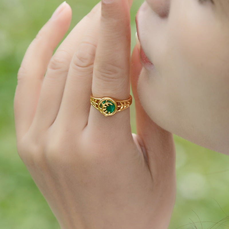 S925 Sterling Silver Jewelry Ring Natural Malachite Gemstone Wickers Style Simple Luxury Rings